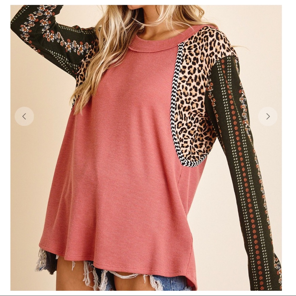 35 Aztec Mixed Print Contrast boho chic sleeve top